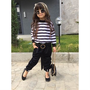 Kız Çocuk Çizgili Kadife Pantolonlu Takım