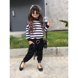 Kız Çocuk Çizgili Kadife Pantolonlu Takım