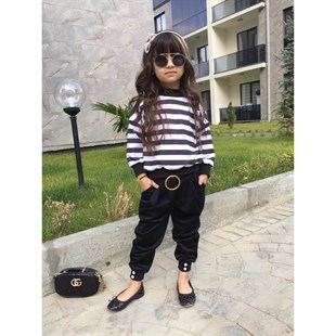 Kız Çocuk Çizgili Kadife Pantolonlu Takım