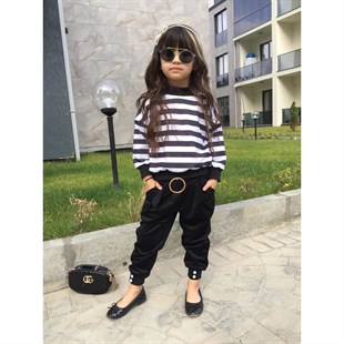 Kız Çocuk Çizgili Kadife Pantolonlu Takım