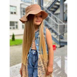 Kız Çocuk Dantel Detaylı Şapkalı Kot Takım