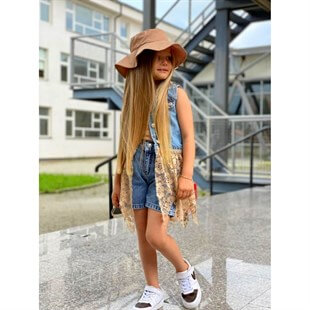 Kız Çocuk Dantel Detaylı Şapkalı Kot Takım