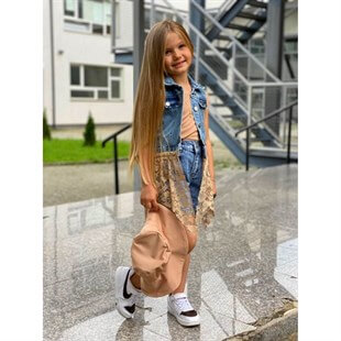 Kız Çocuk Dantel Detaylı Şapkalı Kot Takım