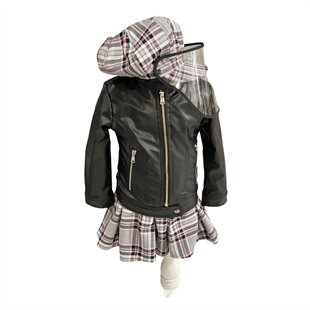 Kız Çocuk Deri Ceketli ve Siperlikli Gri Ekose Takım