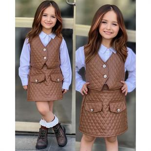 Kız Çocuk Deri Detaylı Kahverengi Etek ve Yelekli Takım