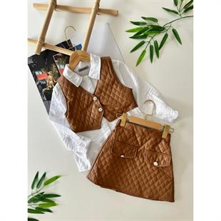 Kız Çocuk Deri Detaylı Kahverengi Etek ve Yelekli Takım