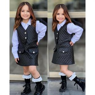 Kız Çocuk Deri Detaylı Siyah Etek ve Yelekli Takım