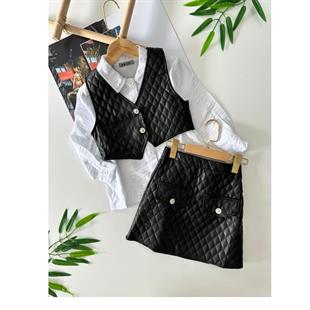 Kız Çocuk Deri Detaylı Siyah Etek ve Yelekli Takım