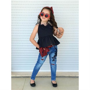 Kız Çocuk Ekose Detaylı Pantolonlu Takım