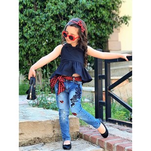 Kız Çocuk Ekose Detaylı Pantolonlu Takım