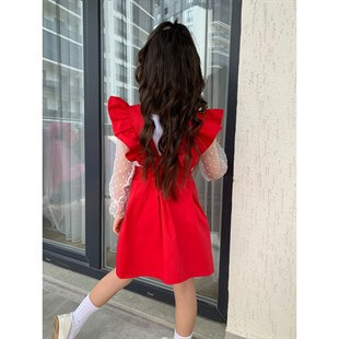 Kız Çocuk Gömlek / Salopet Kırmızı Takım