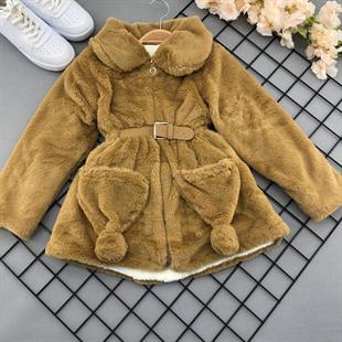 Kız Çocuk Hardal Tavşan Modeli Kürklü Mont