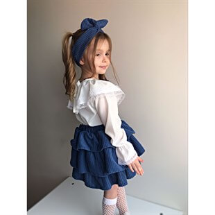 Kız Çocuk Kadife Etekli Mavi Takım