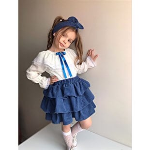 Kız Çocuk Kadife Etekli Mavi Takım