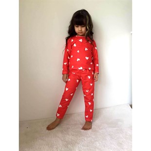Kız Çocuk Kalp Figürlü Kırmızı Pijama Takımı