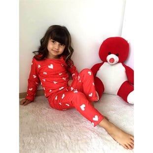 Kız Çocuk Kalp Figürlü Kırmızı Pijama Takımı