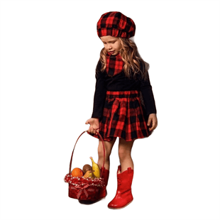 Kız Çocuk Kırmızı Ekoseli Şapkalı Takım