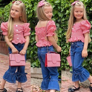 Kız Çocuk Kırmızı Pitikareli Çantalı Takım