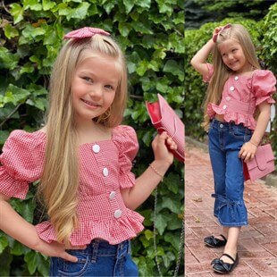 Kız Çocuk Kırmızı Pitikareli Çantalı Takım