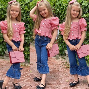 Kız Çocuk Kırmızı Pitikareli Çantalı Takım