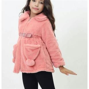 Kız Çocuk Koyu Pembe Tavşan Modeli Kürklü Mont