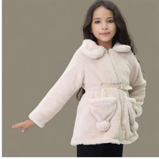 Kız Çocuk Krem Tavşan Modeli Kürklü Mont