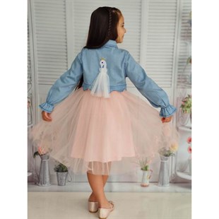 Kız Çocuk Kuğu Figürlü Kot Ceketli Tütü Takım