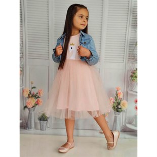 Kız Çocuk Kuğu Figürlü Kot Ceketli Tütü Takım