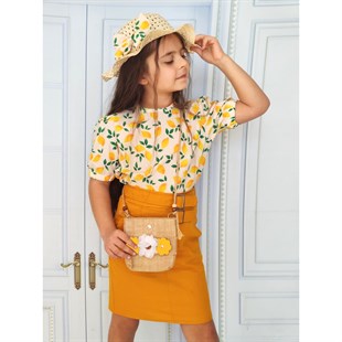 Kız Çocuk Limon Figürlü Etekli Sarı Takım