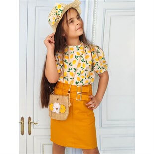 Kız Çocuk Limon Figürlü Etekli Sarı Takım