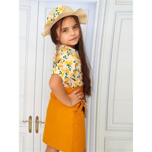 Kız Çocuk Limon Figürlü Etekli Sarı Takım
