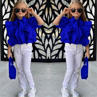 Kız Çocuk Mavi Çantalı Pantolon Takım