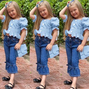 Kız Çocuk Mavi Pitikareli Çantalı Takım