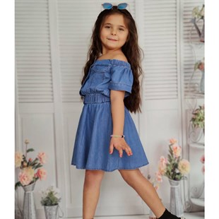 Kız Çocuk Omuz Yaka Detaylı Etekli Kot Takım