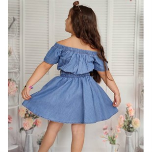 Kız Çocuk Omuz Yaka Detaylı Etekli Kot Takım