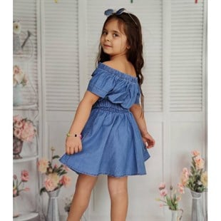 Kız Çocuk Omuz Yaka Detaylı Etekli Kot Takım