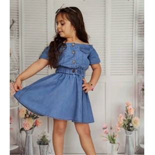 Kız Çocuk Omuz Yaka Detaylı Etekli Kot Takım