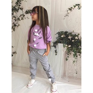 Kız Çocuk Pamuk Figürlü Mor Eşofman Takımı