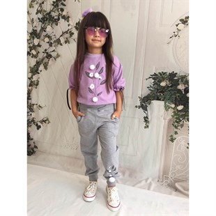 Kız Çocuk Pamuk Figürlü Mor Eşofman Takımı