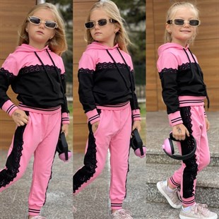 Kız Çocuk Pembe Eşofman Takımı Güpürlü
