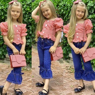 Kız Çocuk Pembe Pitikareli Çantalı Takım