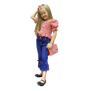 Kız Çocuk Pembe Pitikareli Çantalı Takım