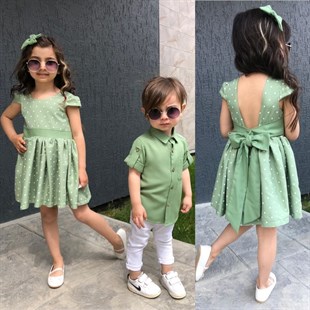 Kız Çocuk Puantiyeli Yeşil Elbise