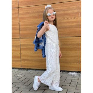 Kız Çocuk Püskül Ceketli Beyaz Tulum Takımı