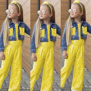 Kız Çocuk Püskül Ceketli Sarı Tulum Takımı