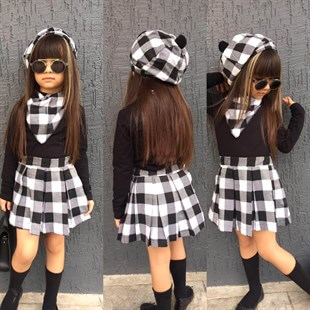 Kız Çocuk Siyah Ekoseli Şapkalı Takım