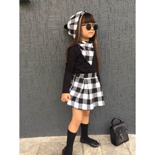 Kız Çocuk Siyah Ekoseli Şapkalı Takım