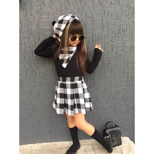 Kız Çocuk Siyah Ekoseli Şapkalı Takım