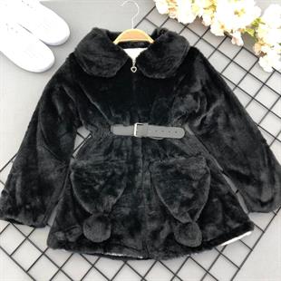 Kız Çocuk Siyah Tavşan Modeli Kürklü Mont