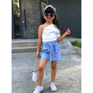 Kız Çocuk Tek Omuzlu Bluz ve Mavi Şort Takımı
